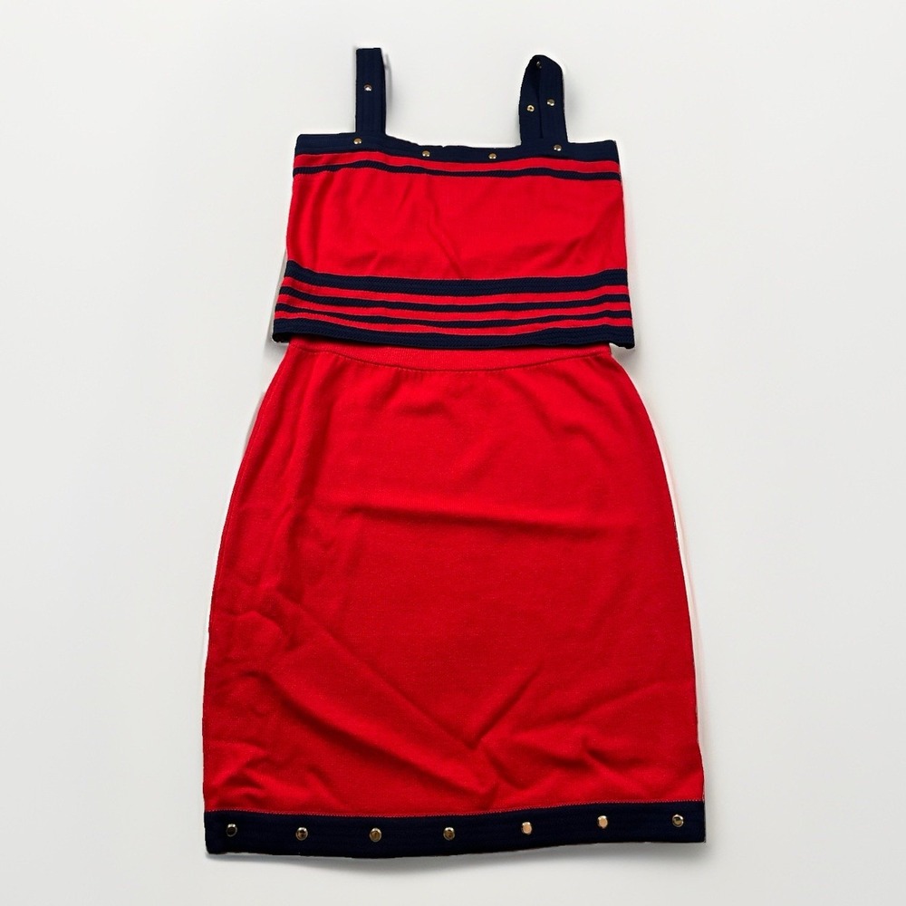 St. John Collection Marie Gray Top Size Large Skirt Size 14 Set Knit Red Preppy